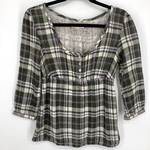 Aeropostale Womens Y2K Babydoll Top Size Small Green Plaid Scoop Henley Tie Back